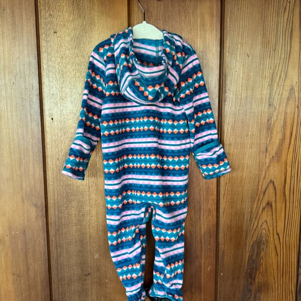 Patagonia Kids Footed One-Piece Fleece Romper in Teal, Pink & Orange Geo Print